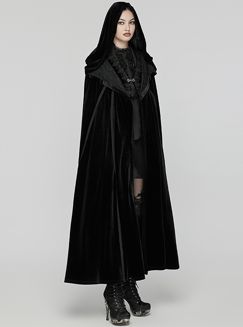 Black Soft Velvet Lace Lining Front Center Vest Lace Design Gothic Style Hooded Lapel Cloak