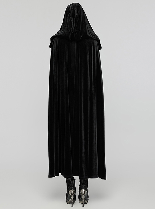 Black Soft Velvet Lace Lining Front Center Vest Lace Design Gothic Style Hooded Lapel Cloak