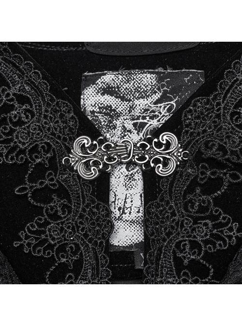 Black Soft Velvet Lace Lining Front Center Vest Lace Design Gothic Style Hooded Lapel Cloak
