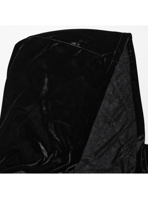Black Soft Velvet Lace Lining Front Center Vest Lace Design Gothic Style Hooded Lapel Cloak