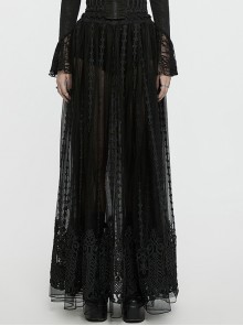 Slightly Transparent Black Three Dimensional Mesh Splicing Mesh Front Center Three Dimensional Floral Pattern Interwoven Gothic Style Skirt
