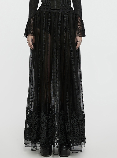 Slightly Transparent Black Three Dimensional Mesh Splicing Mesh Front Center Three Dimensional Floral Pattern Interwoven Gothic Style Skirt