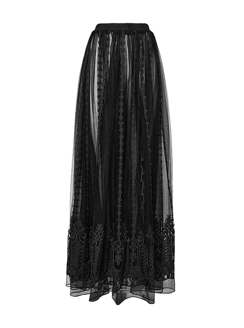 Slightly Transparent Black Three Dimensional Mesh Splicing Mesh Front Center Three Dimensional Floral Pattern Interwoven Gothic Style Skirt
