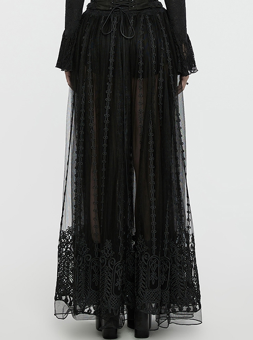 Slightly Transparent Black Three Dimensional Mesh Splicing Mesh Front Center Three Dimensional Floral Pattern Interwoven Gothic Style Skirt