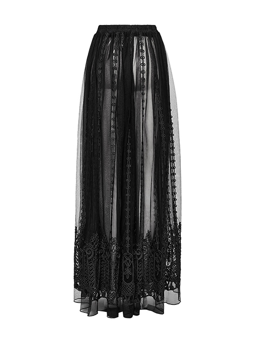 Slightly Transparent Black Three Dimensional Mesh Splicing Mesh Front Center Three Dimensional Floral Pattern Interwoven Gothic Style Skirt