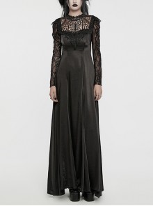 Black Gorgeous Shiny And Color Drape Woven Splicing Mesh Front Inverted Triangle Applique With Hand Sewn Buttons Gothic Style Long Sleeve Dress