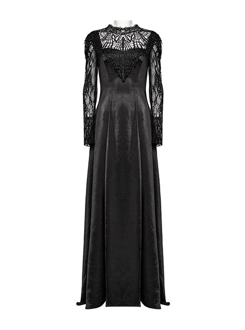 Black Gorgeous Shiny And Color Drape Woven Splicing Mesh Front Inverted Triangle Applique With Hand Sewn Buttons Gothic Style Long Sleeve Dress