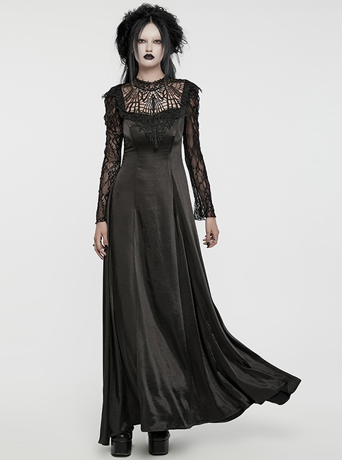 Black Gorgeous Shiny And Color Drape Woven Splicing Mesh Front Inverted Triangle Applique With Hand Sewn Buttons Gothic Style Long Sleeve Dress