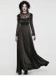 Black Gorgeous Shiny And Color Drape Woven Splicing Mesh Front Inverted Triangle Applique With Hand Sewn Buttons Gothic Style Long Sleeve Dress