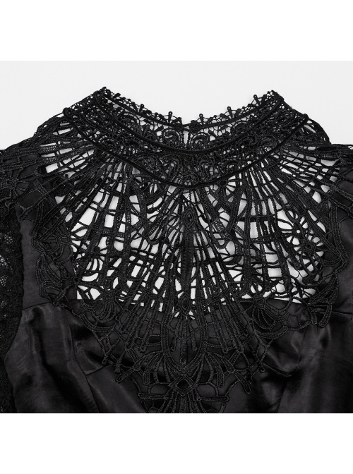 Black Gorgeous Shiny And Color Drape Woven Splicing Mesh Front Inverted Triangle Applique With Hand Sewn Buttons Gothic Style Long Sleeve Dress