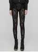 Black Elastic Flocking Pattern Patchwork Micro-Transparent Mesh Front Center Applique Decoration Gothic Style Gorgeous Leggings