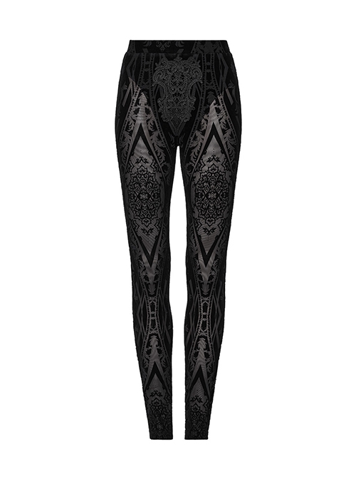 Black Elastic Flocking Pattern Patchwork Micro-Transparent Mesh Front Center Applique Decoration Gothic Style Gorgeous Leggings