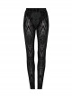 Black Elastic Flocking Pattern Patchwork Micro-Transparent Mesh Front Center Applique Decoration Gothic Style Gorgeous Leggings