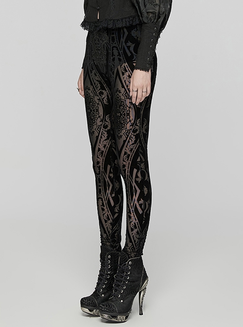 Black Elastic Flocking Pattern Patchwork Micro-Transparent Mesh Front Center Applique Decoration Gothic Style Gorgeous Leggings