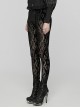 Black Elastic Flocking Pattern Patchwork Micro-Transparent Mesh Front Center Applique Decoration Gothic Style Gorgeous Leggings