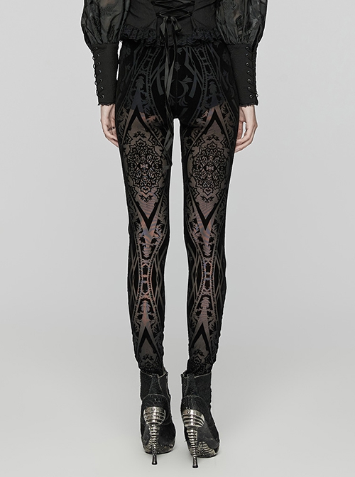 Black Elastic Flocking Pattern Patchwork Micro-Transparent Mesh Front Center Applique Decoration Gothic Style Gorgeous Leggings