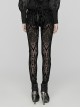 Black Elastic Flocking Pattern Patchwork Micro-Transparent Mesh Front Center Applique Decoration Gothic Style Gorgeous Leggings