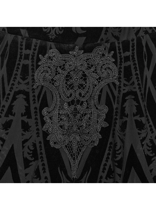 Black Elastic Flocking Pattern Patchwork Micro-Transparent Mesh Front Center Applique Decoration Gothic Style Gorgeous Leggings