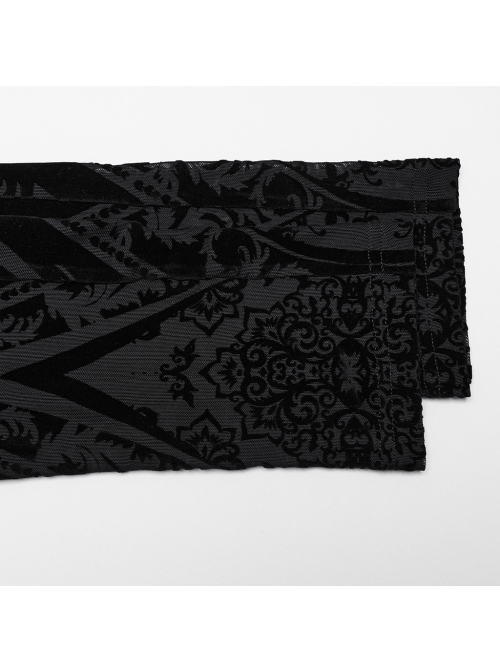 Black Elastic Flocking Pattern Patchwork Micro-Transparent Mesh Front Center Applique Decoration Gothic Style Gorgeous Leggings