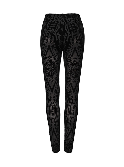 Black Elastic Flocking Pattern Patchwork Micro-Transparent Mesh Front Center Applique Decoration Gothic Style Gorgeous Leggings