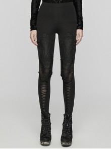 Gorgeous Black Knitted Mesh Exquisite Appliqué Lace In The Front Center Tie String Gothic Style Slim Leggings