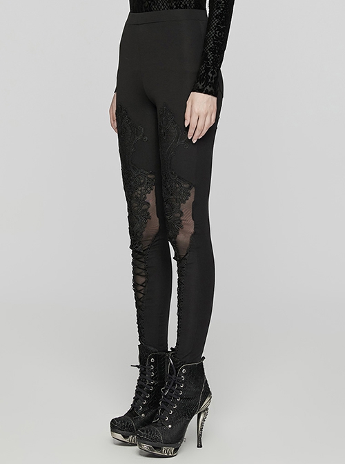Gorgeous Black Knitted Mesh Exquisite Appliqué Lace In The Front Center Tie String Gothic Style Slim Leggings