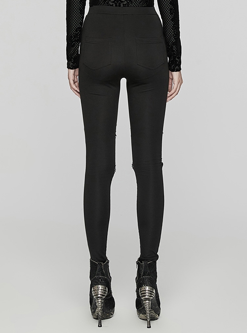 Gorgeous Black Knitted Mesh Exquisite Appliqué Lace In The Front Center Tie String Gothic Style Slim Leggings