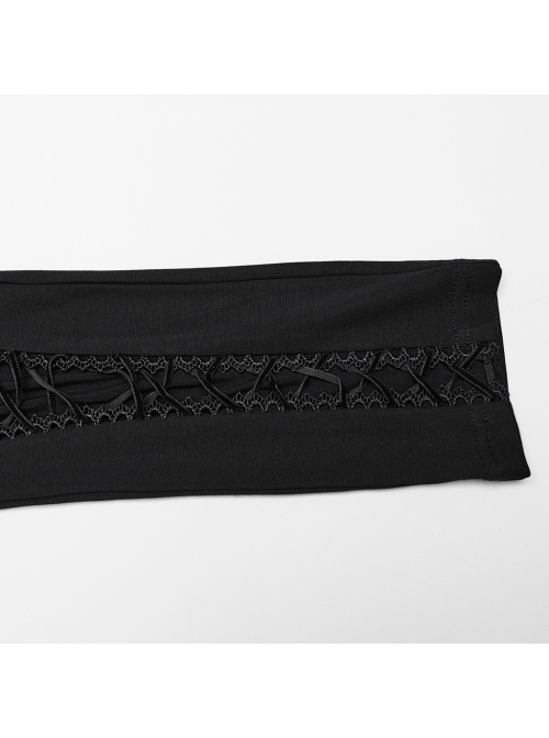 Gorgeous Black Knitted Mesh Exquisite Appliqué Lace In The Front Center Tie String Gothic Style Slim Leggings