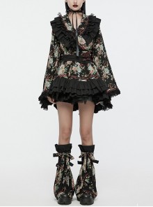 Black Non Stretch Woven With Edogawa Pattern Decoration Gothic Style Sweet Top And Skirt Set