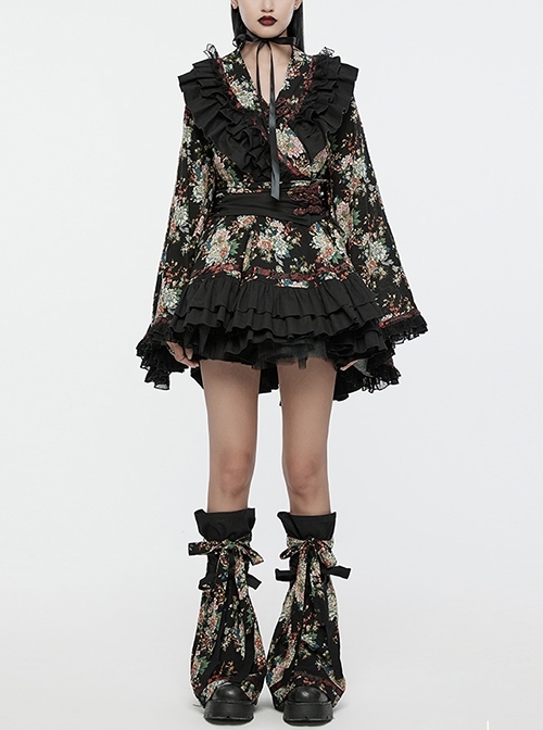 Black Non Stretch Woven With Edogawa Pattern Decoration Gothic Style Sweet Top And Skirt Set