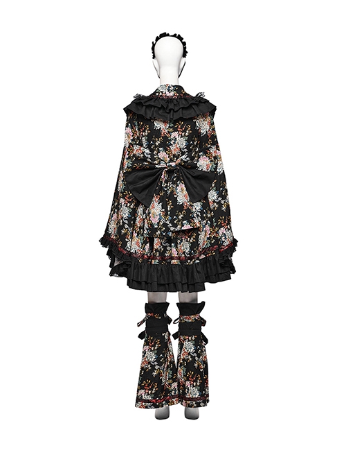 Black Non Stretch Woven With Edogawa Pattern Decoration Gothic Style Sweet Top And Skirt Set