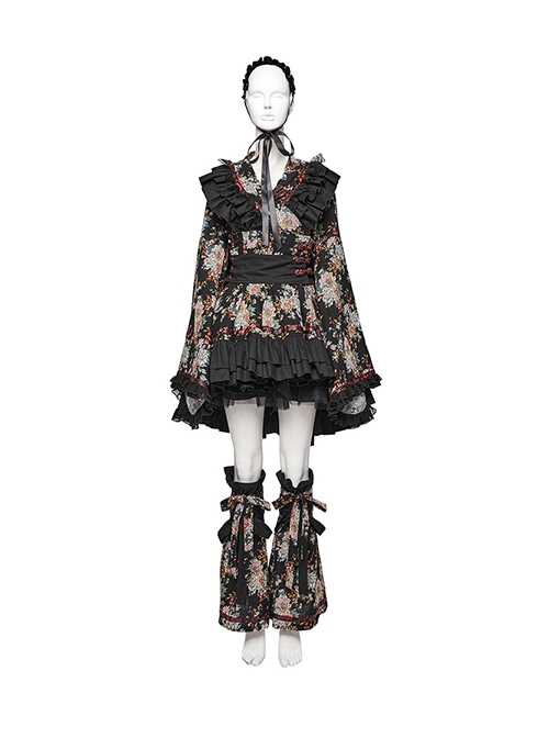 Black Non Stretch Woven With Edogawa Pattern Decoration Gothic Style Sweet Top And Skirt Set