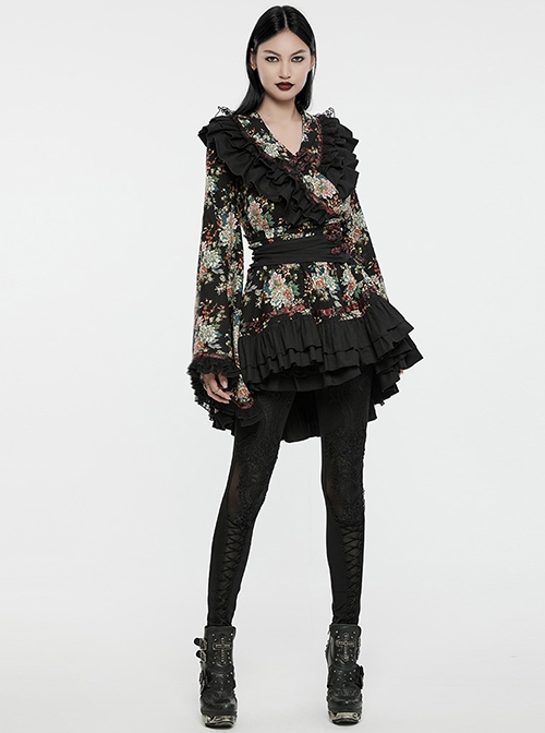 Black Non Stretch Woven With Edogawa Pattern Decoration Gothic Style Sweet Top And Skirt Set