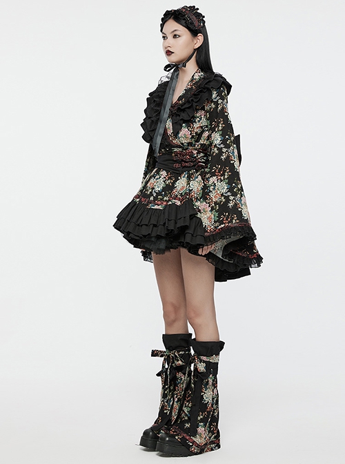Black Non Stretch Woven With Edogawa Pattern Decoration Gothic Style Sweet Top And Skirt Set
