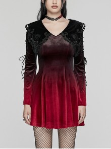 Black And Red Gradient Elastic Velvet Upper Arm Lace With Waist Design Gothic Style Sweet Trumpet Sleeve Dress