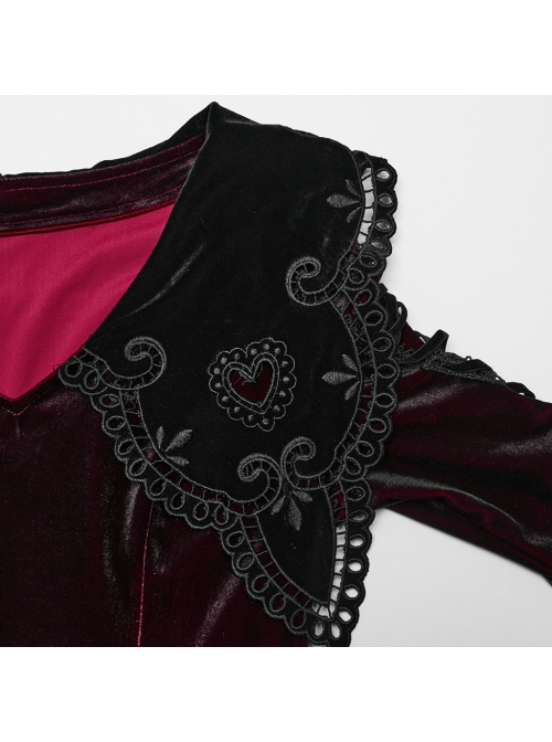 Black And Red Gradient Elastic Velvet Upper Arm Lace With Waist Design Gothic Style Sweet Trumpet Sleeve Dress