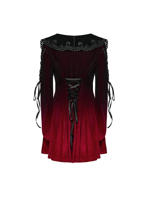 Black And Red Gradient Elastic Velvet Upper Arm Lace With Waist Design Gothic Style Sweet Trumpet Sleeve Dress