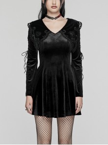 Black Gradient Elastic Velvet Upper Arm Lace With Waist Design Gothic Style Sweet Trumpet Sleeve Dress