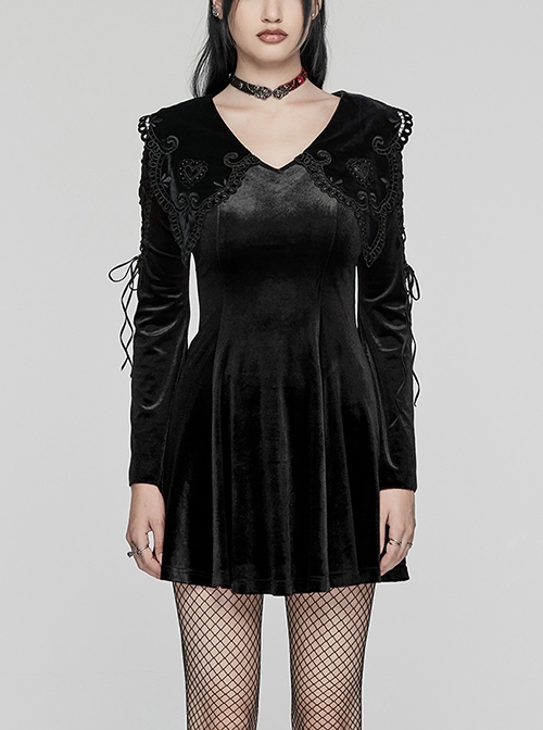 Black Gradient Elastic Velvet Upper Arm Lace With Waist Design Gothic Style Sweet Trumpet Sleeve Dress