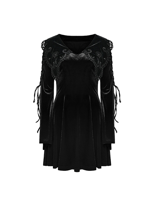 Black Gradient Elastic Velvet Upper Arm Lace With Waist Design Gothic Style Sweet Trumpet Sleeve Dress