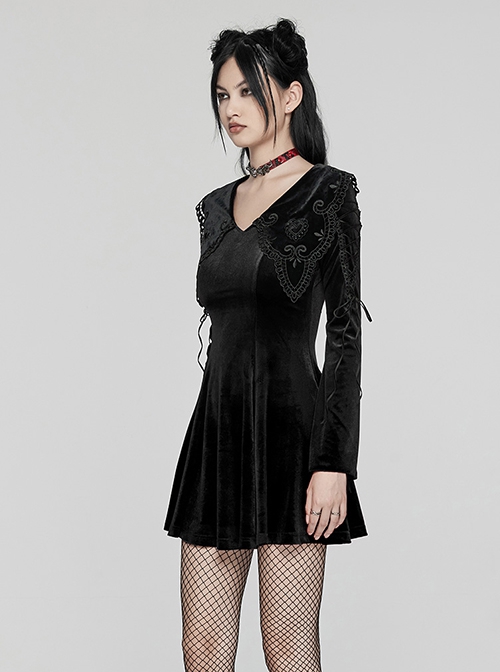 Black Gradient Elastic Velvet Upper Arm Lace With Waist Design Gothic Style Sweet Trumpet Sleeve Dress