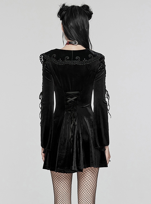 Black Gradient Elastic Velvet Upper Arm Lace With Waist Design Gothic Style Sweet Trumpet Sleeve Dress