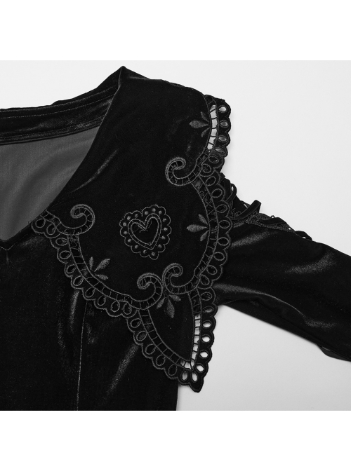 Black Gradient Elastic Velvet Upper Arm Lace With Waist Design Gothic Style Sweet Trumpet Sleeve Dress