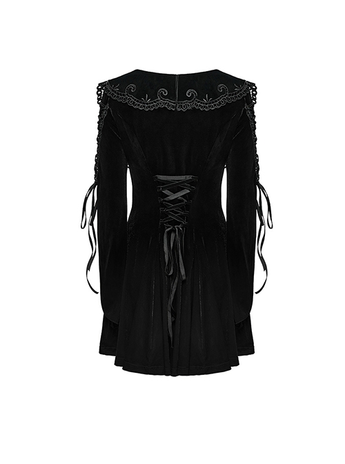 Black Gradient Elastic Velvet Upper Arm Lace With Waist Design Gothic Style Sweet Trumpet Sleeve Dress