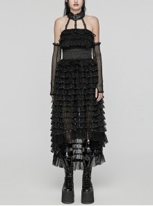 Cute And Sweet Black Lace Stitching Layered Cake Mesh Fabric Front Chest Detachable Halter Strap Design Punk Style Sleeve Dress