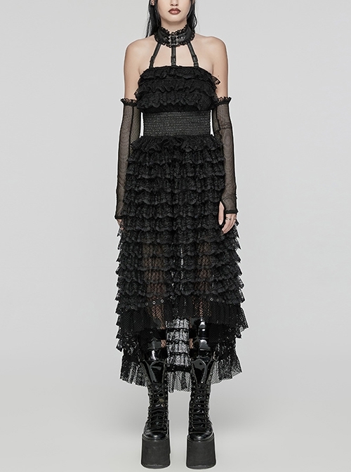 Cute And Sweet Black Lace Stitching Layered Cake Mesh Fabric Front Chest Detachable Halter Strap Design Punk Style Sleeve Dress