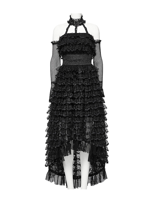 Cute And Sweet Black Lace Stitching Layered Cake Mesh Fabric Front Chest Detachable Halter Strap Design Punk Style Sleeve Dress