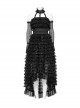 Cute And Sweet Black Lace Stitching Layered Cake Mesh Fabric Front Chest Detachable Halter Strap Design Punk Style Sleeve Dress