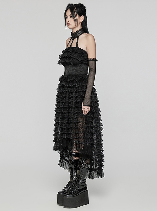 Cute And Sweet Black Lace Stitching Layered Cake Mesh Fabric Front Chest Detachable Halter Strap Design Punk Style Sleeve Dress