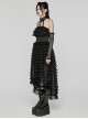 Cute And Sweet Black Lace Stitching Layered Cake Mesh Fabric Front Chest Detachable Halter Strap Design Punk Style Sleeve Dress